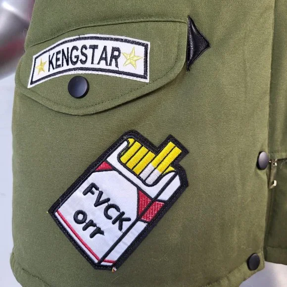 NWOT~$545~KINGSTAR~S/M~ARMY GREEN HOODED FAUX FOX RACCOON FUR PATCHES VEST COAT
